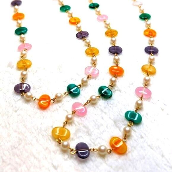 Jewelry - Vintage Natural Stone/Quartz Necklace w/ Faux Pearl Accents - 48" Long